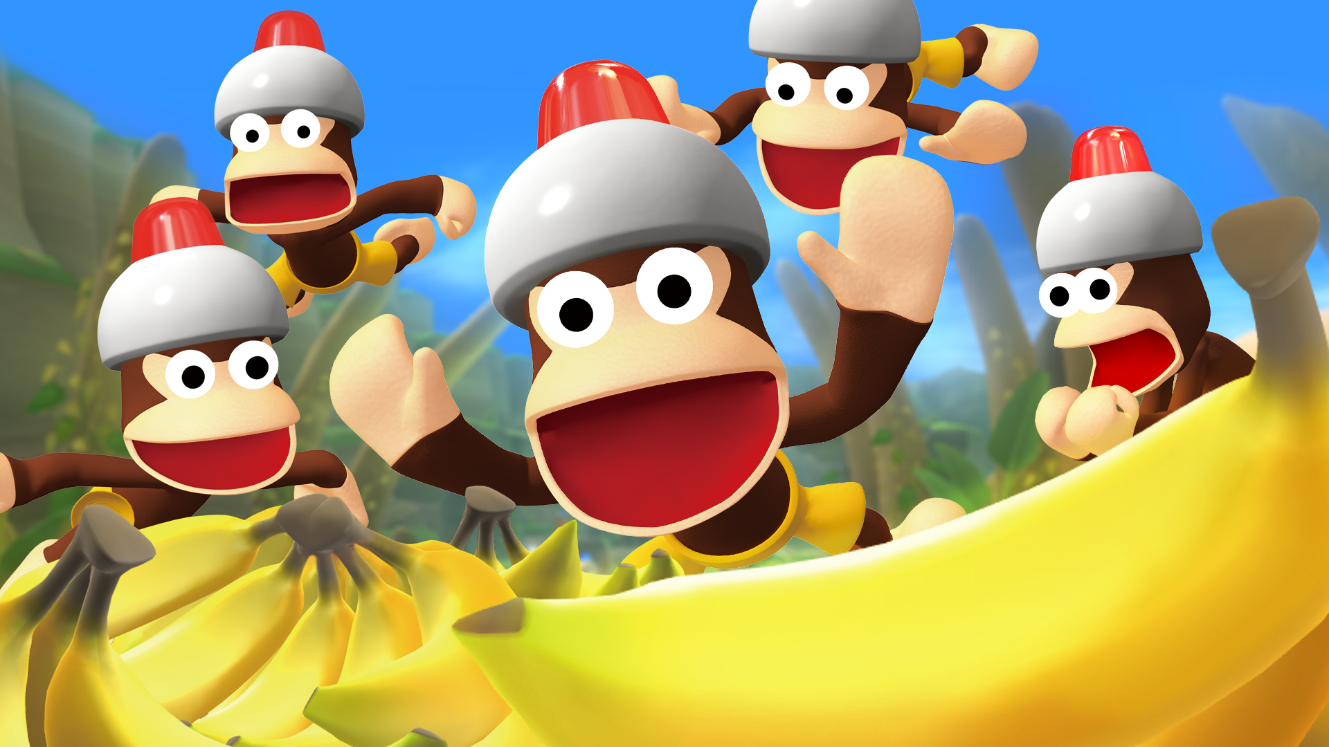 Monkeys jumping on a banana