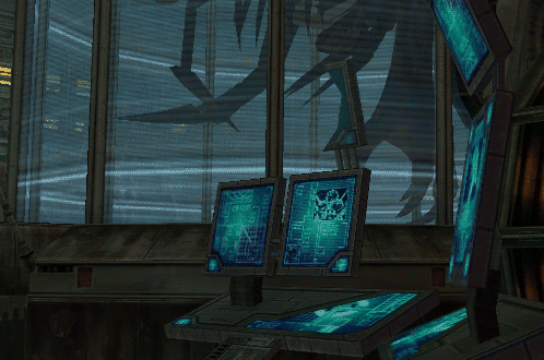 A computer in the game in front of a test subject.