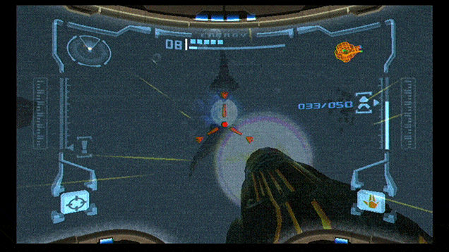 The reflection of Samus' face showing in the visor.
